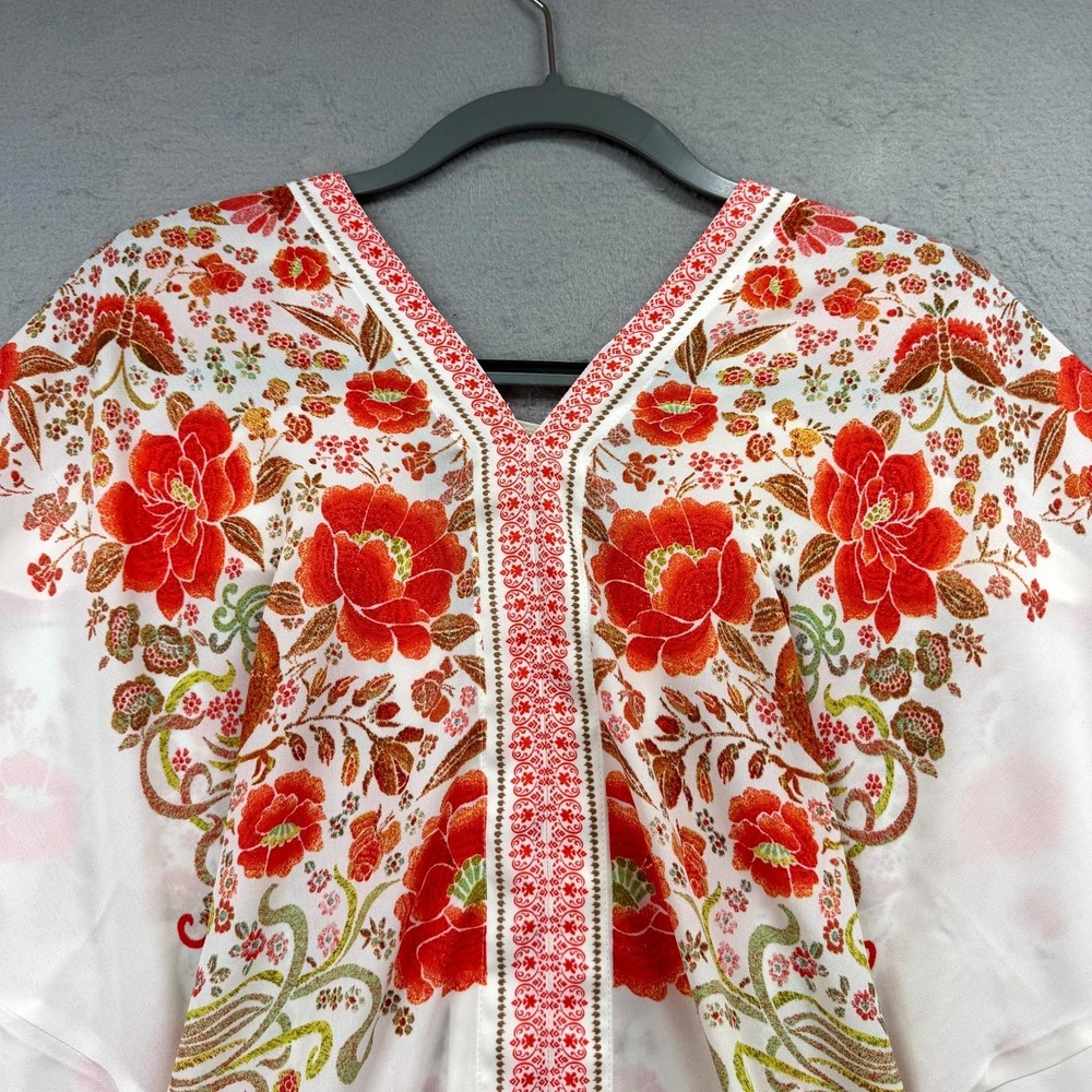Rose & Olive Tunic Top Women's Medium White Floral Dolman Sleeve Double V-Neck - Picture 5 of 11